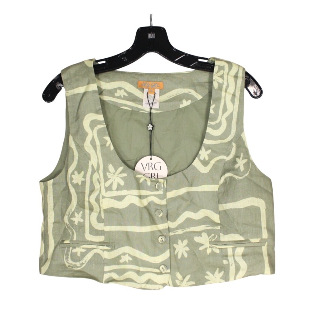 NWT VRG GRL Sage Green LINEN Button-Up Faux Pockets BOHO Cropped TANK TOP Sz 8